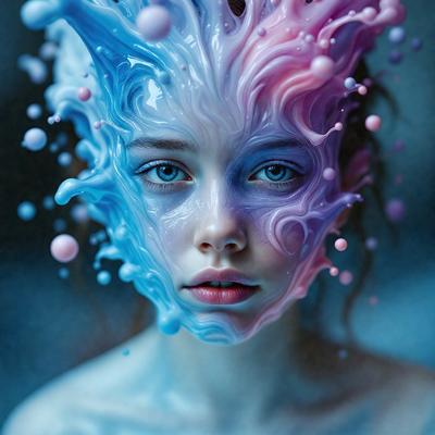 The primary subject of the image is a woman with a unique and artistic appearance. She has a blue and pink face, with her eyes being the most prominent feature. The setting is a dark room, which adds to the overall mood of the image. The visual style is a combination of photo and digital art, creating a striking and eye-catching portrait. The colors and mood of the image are vibrant and lively, with the woman's face being the focal point of the composition.